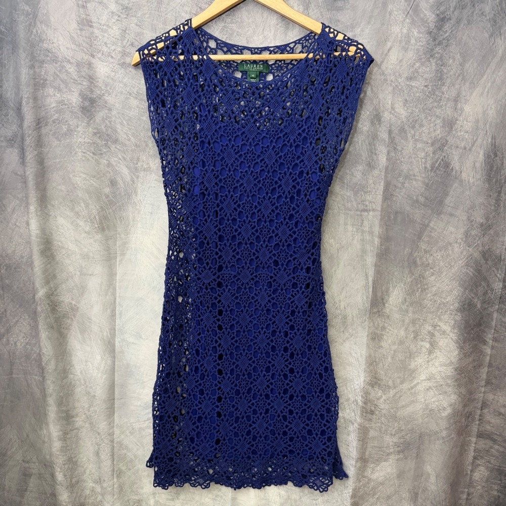 Lauren Ralph Lauren Royal Blue Cotton Crochet Sheath Dress XS Sleeveless Lining